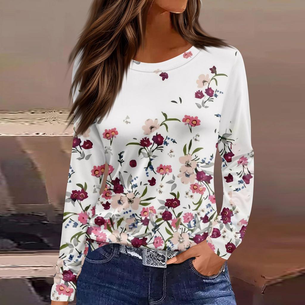 Women's T-shirt 3D Printing Gradient Floral Print Fashion Long Sleeve Round Neck Regular Tops Holiday Weekend Spring and Autumn