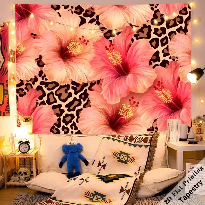 Hibiscus Flower Leopard Print Wall Tapestry Pink Tropical Floral Cheetah Spotted Animal Pattern Beach Bedroom Living Room