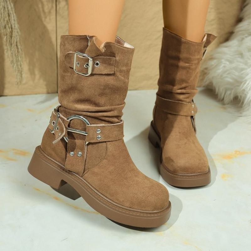 Large Size Double-breasted Western Cowboy Style Knight Boots Fall and Winter New Mid-leg Knee-length Women's Boots