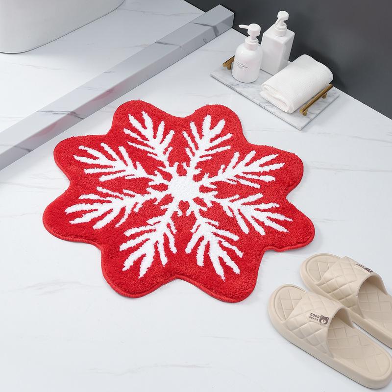 Christmas Carpet Snowflake Velvet Bath Mat Non-Slip Red Bathroom Rug Absorbent Door Mat Festive Holiday Entrance Mat For Home Decor