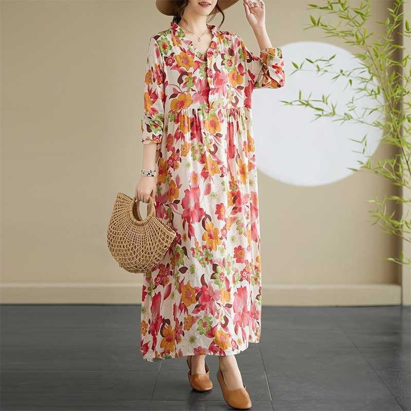 New Printed Loose Lace Long Sleeve Swing Long Dress