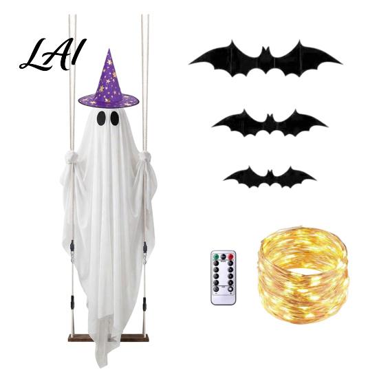 Geisterhafte Hängelichter für die Terrasse Halloween Schaukel Geist-Ornament mit LED-Lichterkette Außen Dekoration Verstellbare Gruselige Displays Aufleuchtendes Fledermaus-Dekor