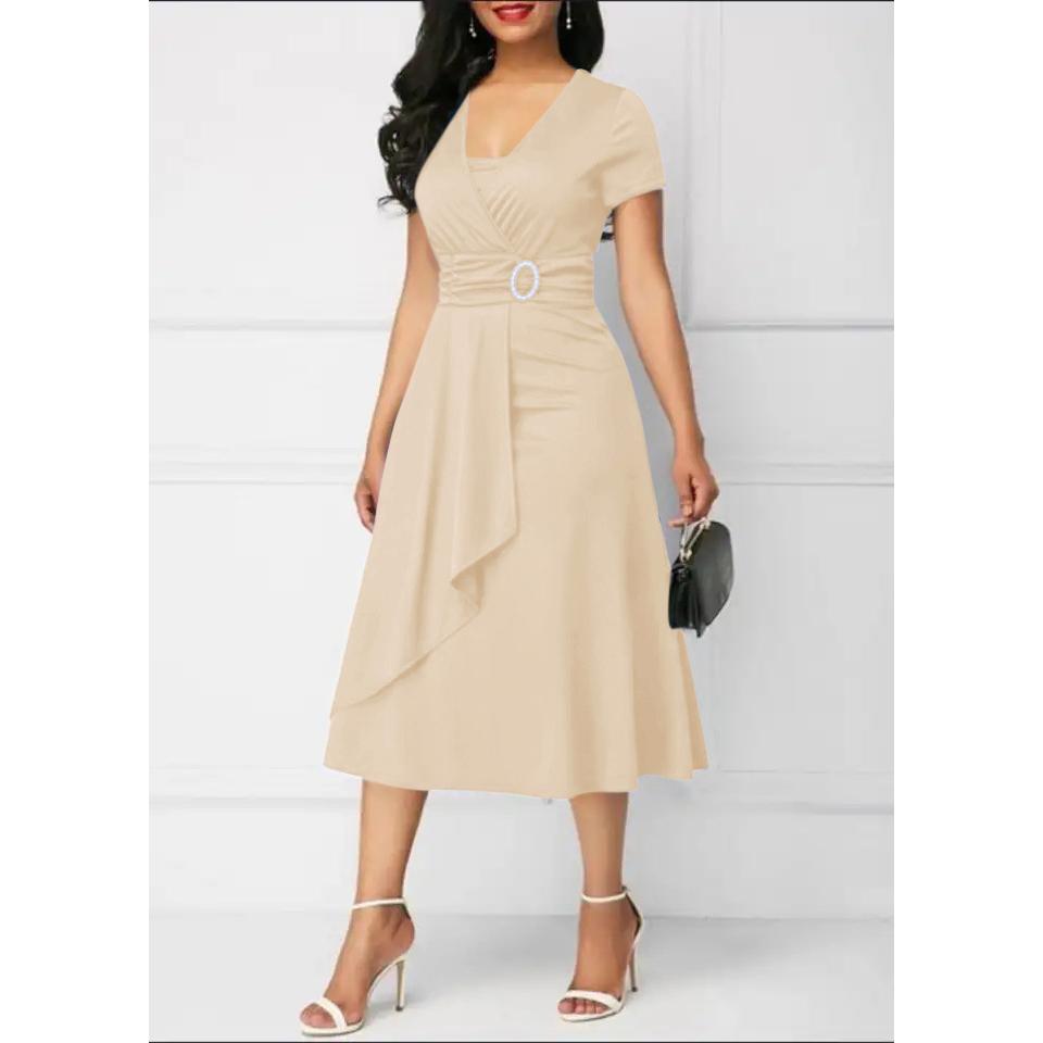 Summer Dresses Elegant Women Solid Color Short Sleeve V Neck Asymmetric Hem Waist Tight Midi Party Dress Ladies Evening Vestidos