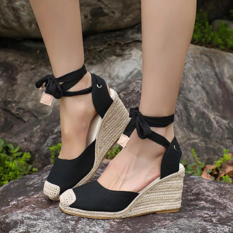2024 Damen Espadrille Sandalen mit Knöchelriemen Bequeme Hausschuhe Damen Freizeitschuhe Atmungsaktive Pumps aus Flachs-Hanf-Canvas