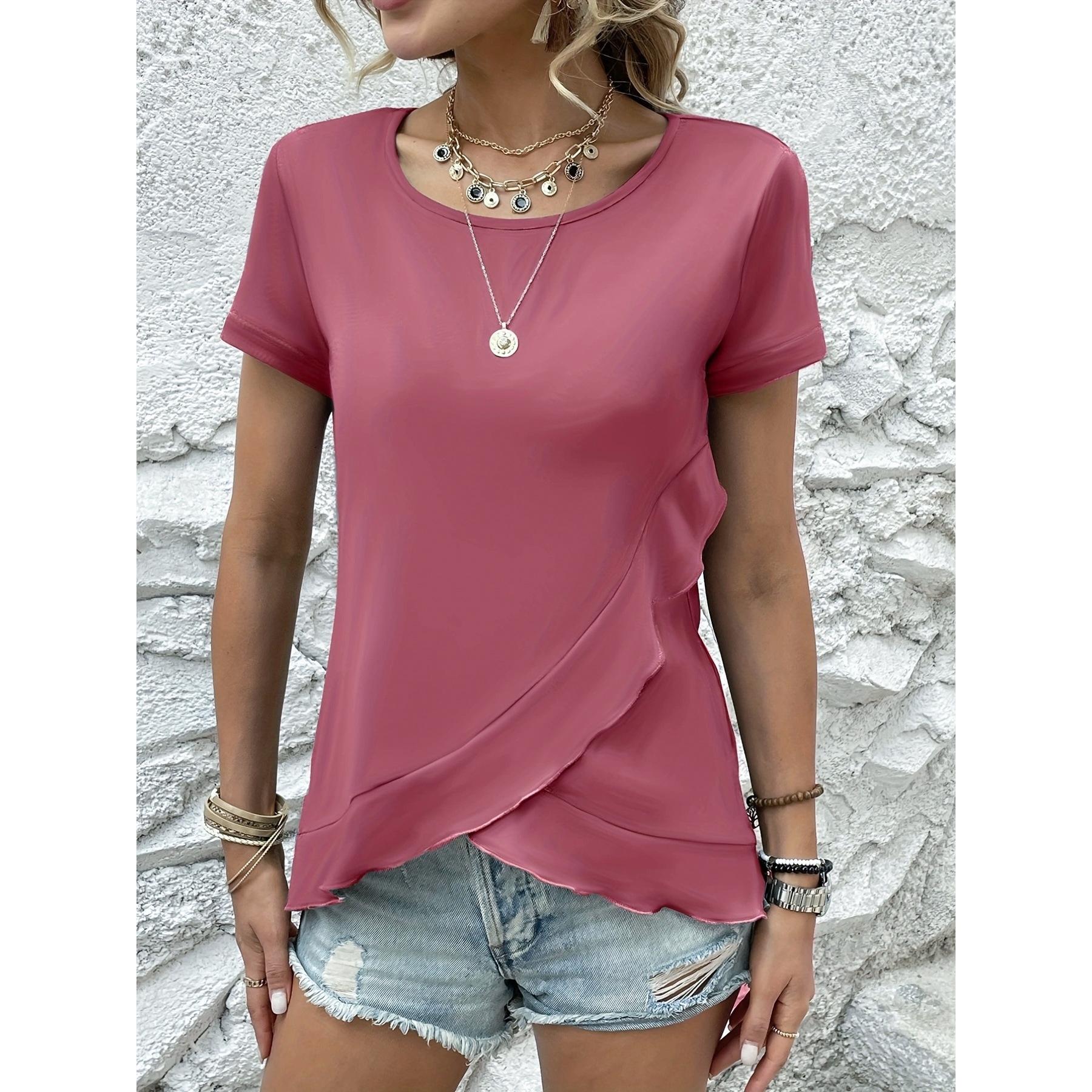 

Новая простая однотонная футболка для похудения с рюшами и отделкой L розовый