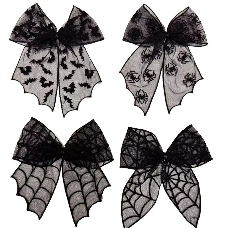 Black Bow Hair Clips Bat Embroidery Lace Tulle Veil Gothic Hairpins Spooky Halloween Cosplay Hair Accessories For Women Girls