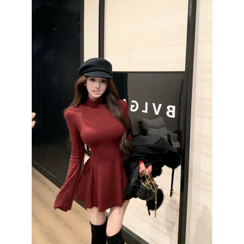 

Black turtleneck long-sleeved dress women s winter inner dress slim-fitting skirt Spice girl style a-word short skirt S
