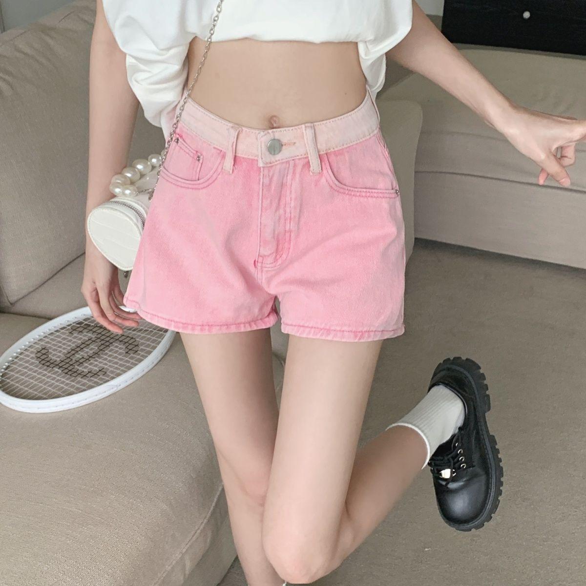 

Женские новые модные джинсовые шорты А-силуэта с высокой талией, широкими штанинами, карманами на пуговицах и молнии, однотонного цвета S розовый