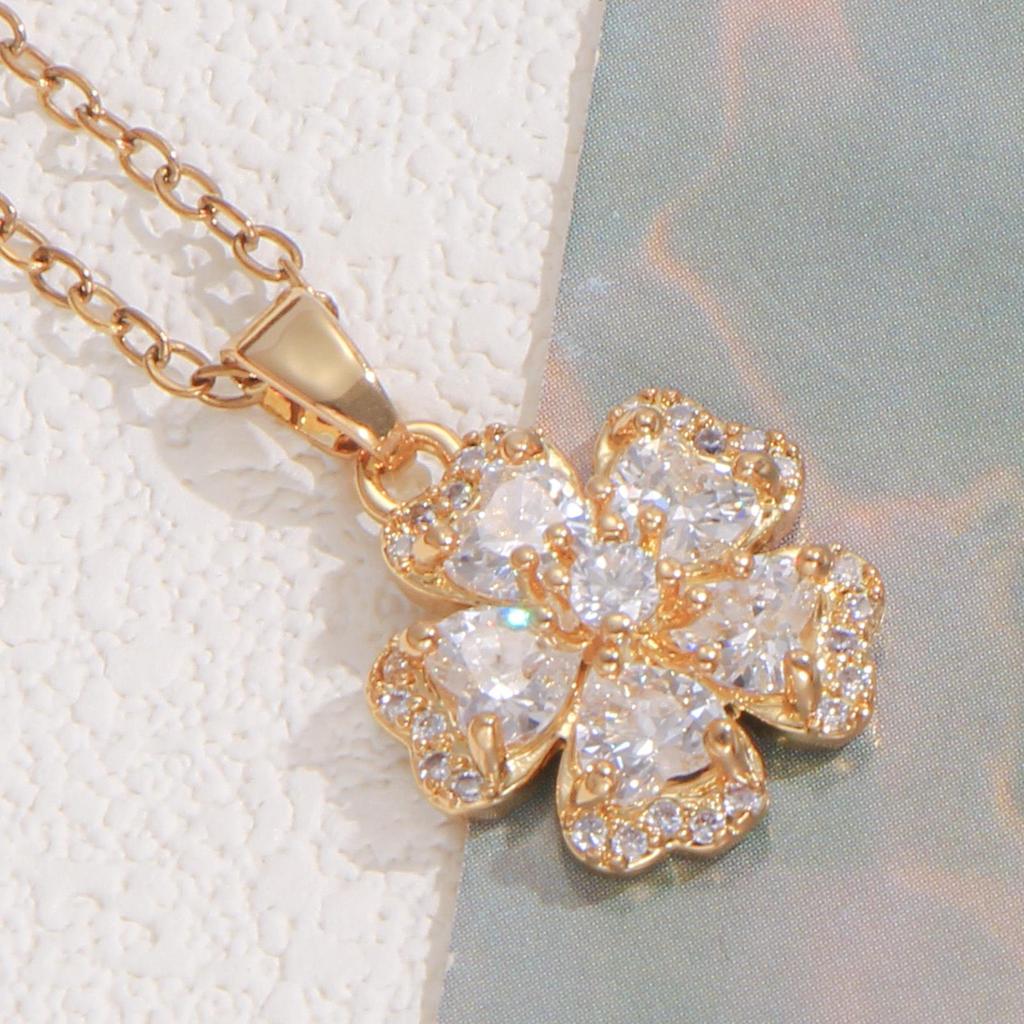 Stainless Steel Zircon Five-Petal Flower Necklace - Adjustable Clavicle Chain for Women