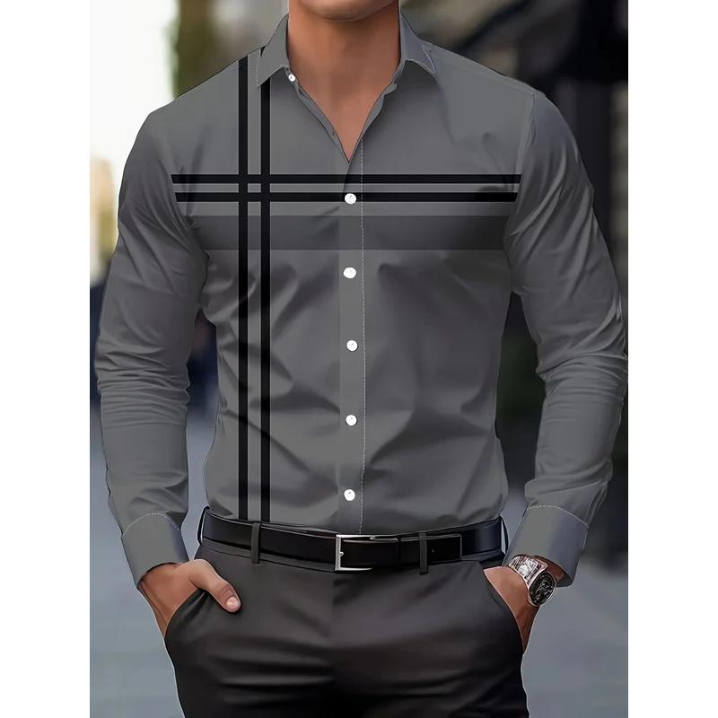 Men's Casual Dress Shirt with Modern Striped Design Regular Fit Long Sleeve Button-Up, Machine Washable for Spring Fall Office