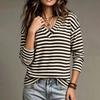 Women's Vintage Striped V Neck Long Sleeve Sweater Casual Fall Winter Pullover Top