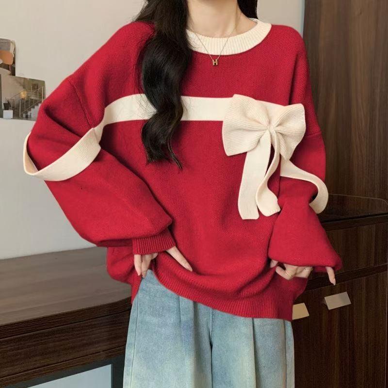 Dámský svetr s mašlí, červený vánoční pletený svetr s dlouhým rukávem a kulatým výstřihem, podzimní volný ležérní dámský nový sváteční top