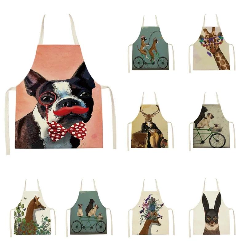 Cartoon Dog Printed Sleeveless Kitchen Aprons Animal Rabbit Fox Pattern Cooking Baking Waist Bib Household Cleaning Pinafore