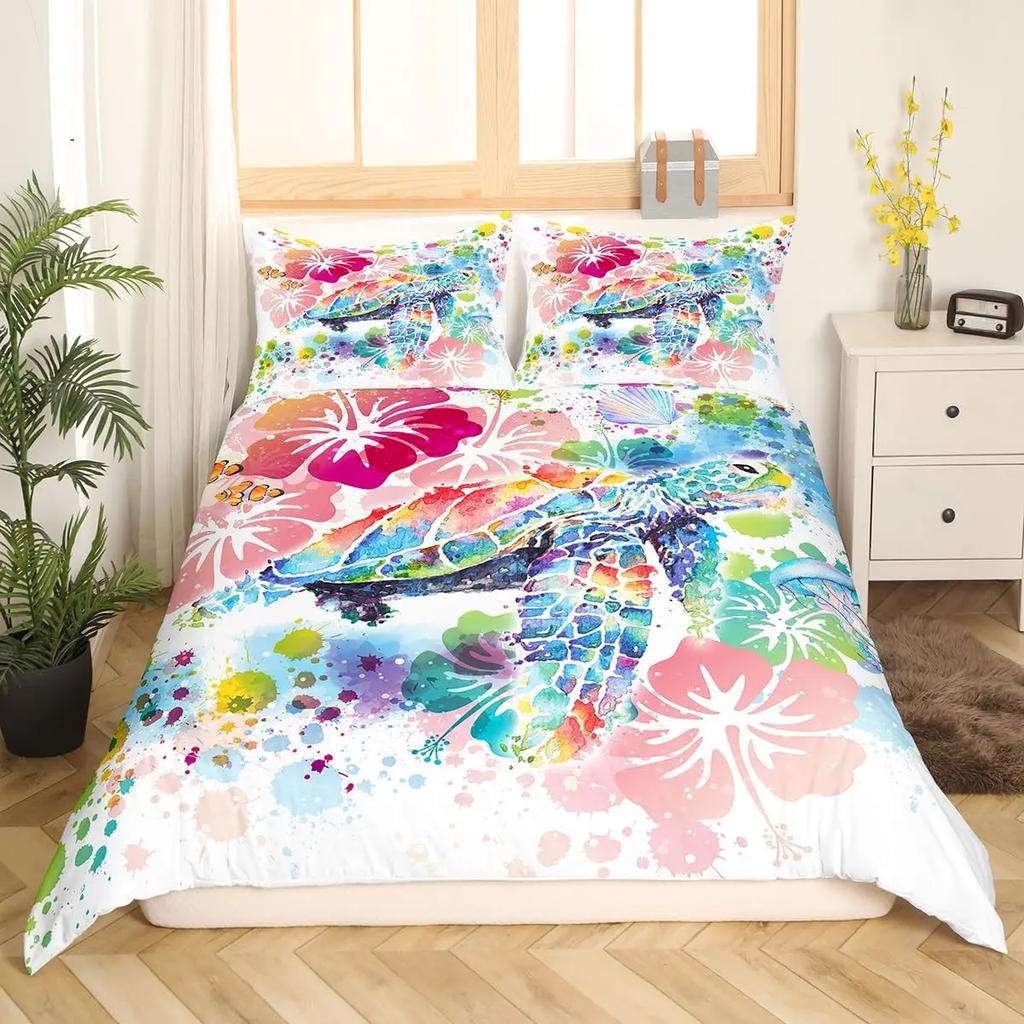 Turtle Bedding Set Nautical Coastal Duvet Cover White Blue Sea Comforter Cover Reptile Tortoise Animal Polyester Quilt Cover