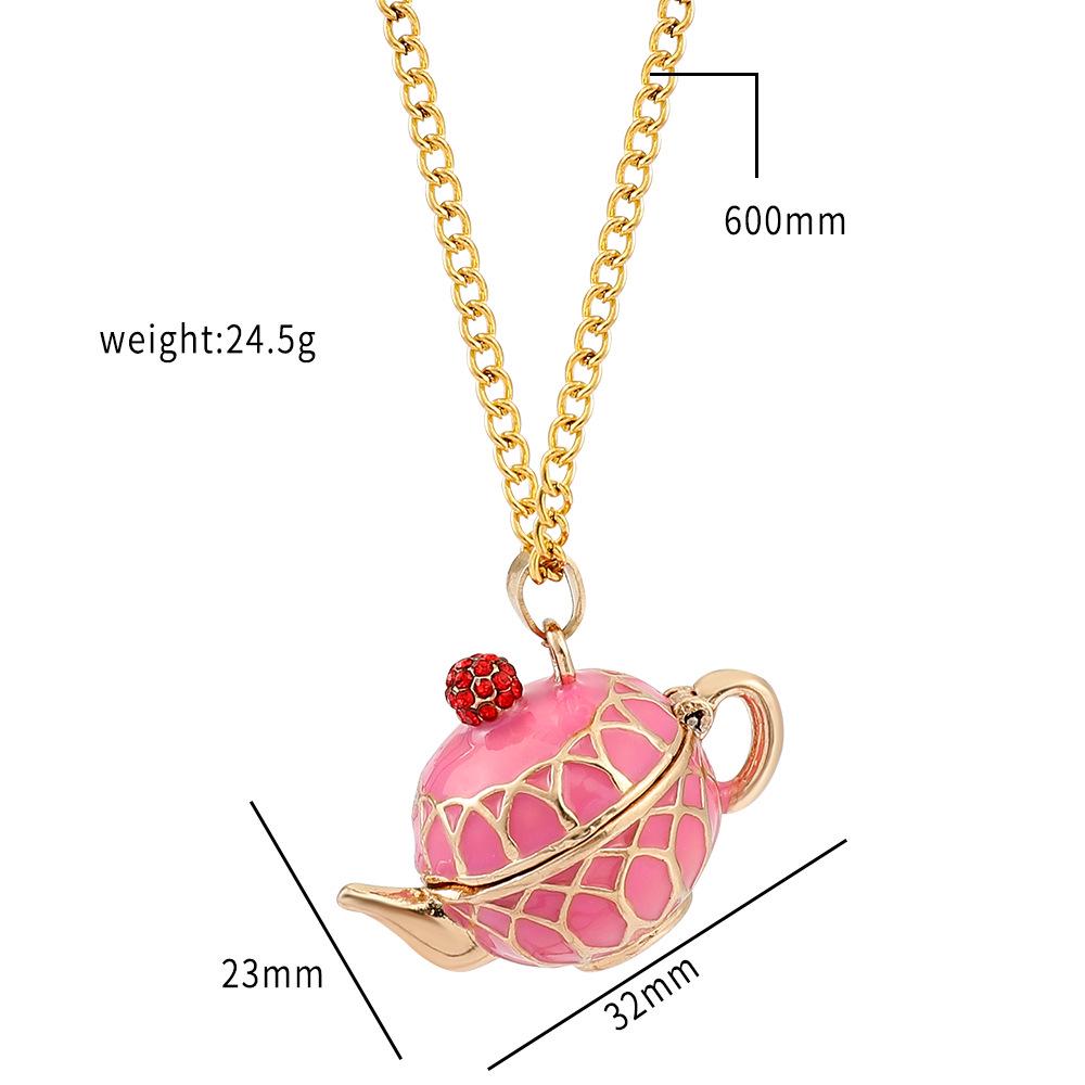 Enamel Teapot Pendant Necklace with Cartoon Design
