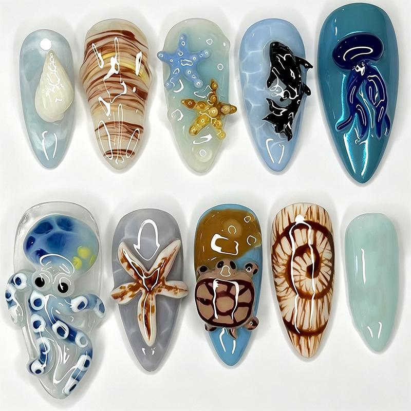 30-Piece Cartoon Marine Animals 3D Embossed Wearable Nails: Octopus, Starfish, Sea Turtle Designs
