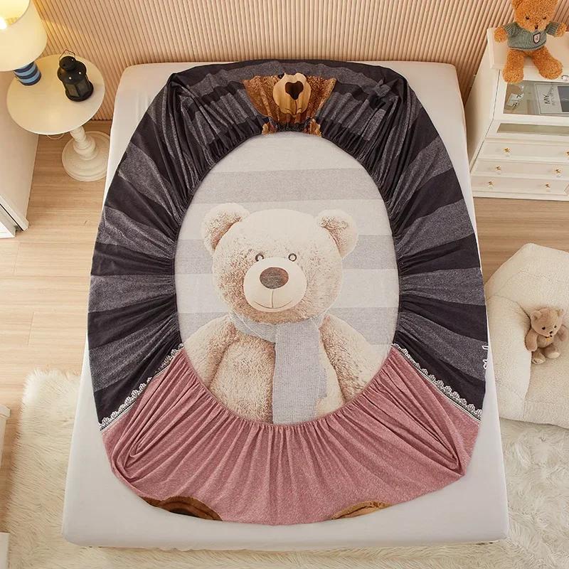 Cute Teddy Bear Pattern Fitted Sheet Set 100% Cotton Anti-slip Mattress Cover with Pillowcases Home Bedding Set for Boys Girls