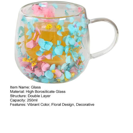 Double-Wall Glass Mug with Dried Flower Design 250ml Heat-Resistant Borosilicate Glass Cup for Milk Coffee Breakfast Insulated Glassware for Home