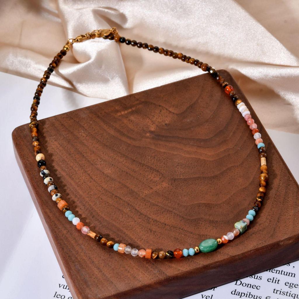 Vintage Elegance: Women's Tiger Eye Natural Stone Choker with Mixed Color Beads