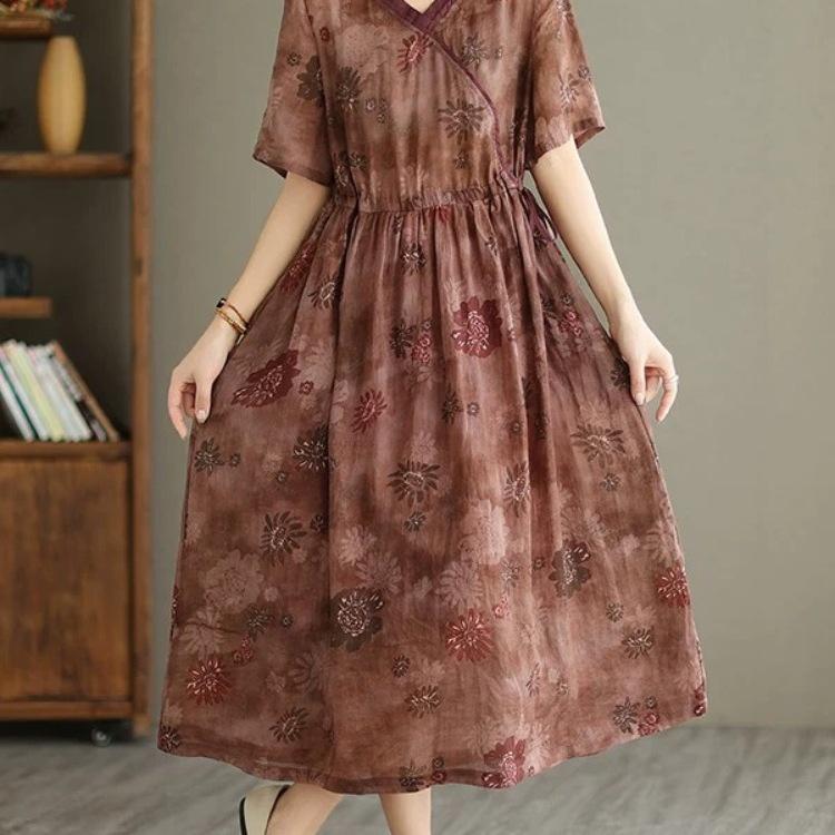 Women's V-neck Ramie Dress: Loose Fit, Short Sleeve, Side Drawstring Waist, Printed, Summer Fashion