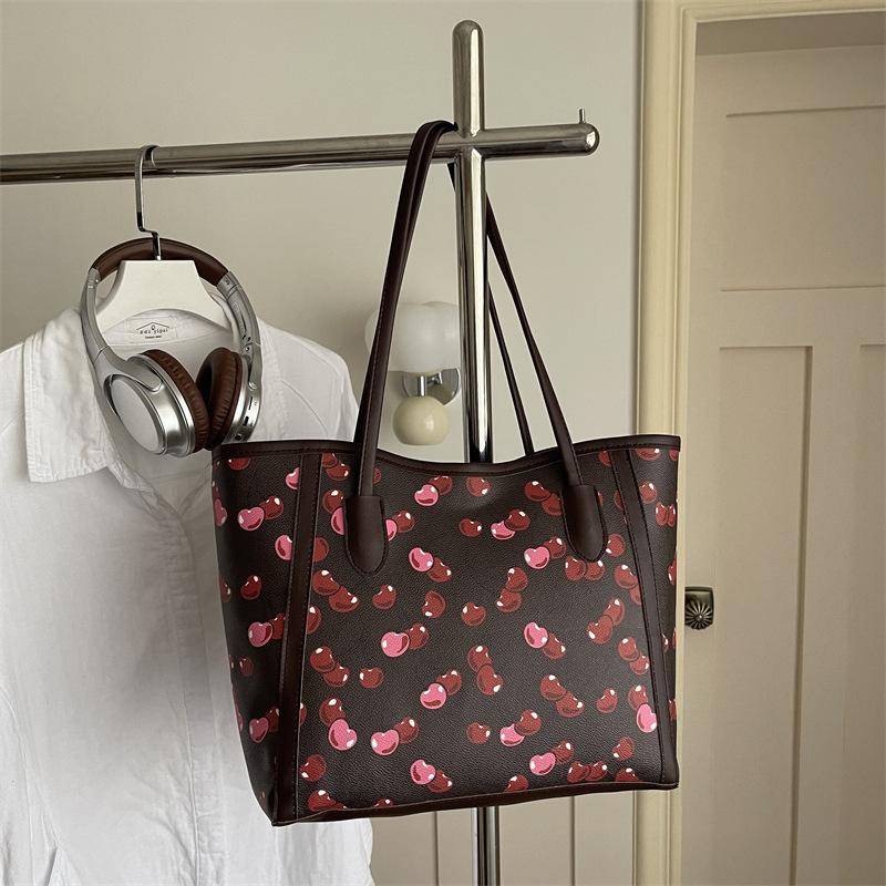 Vintage Cherry Print Large Capacity Women Casual Commute Single Shoulder Tote Bag