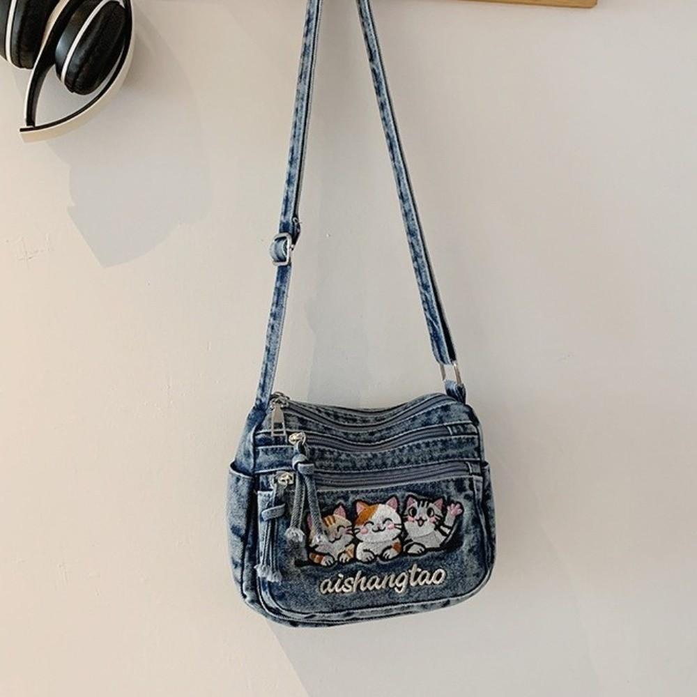 Washed Denim Crossbody Bag Adjustable Strap Messenger Bag Cat Embroidery Shoulder Bag Ladies