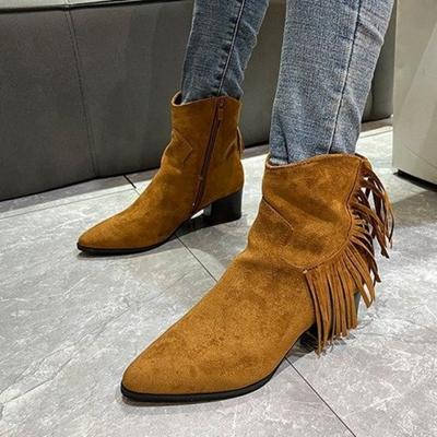 Women's Autumn and Winter Martin Boots Frosted Oversized Fringed Mid-heeled Boots Side Zipper Vintage Pointed Boots