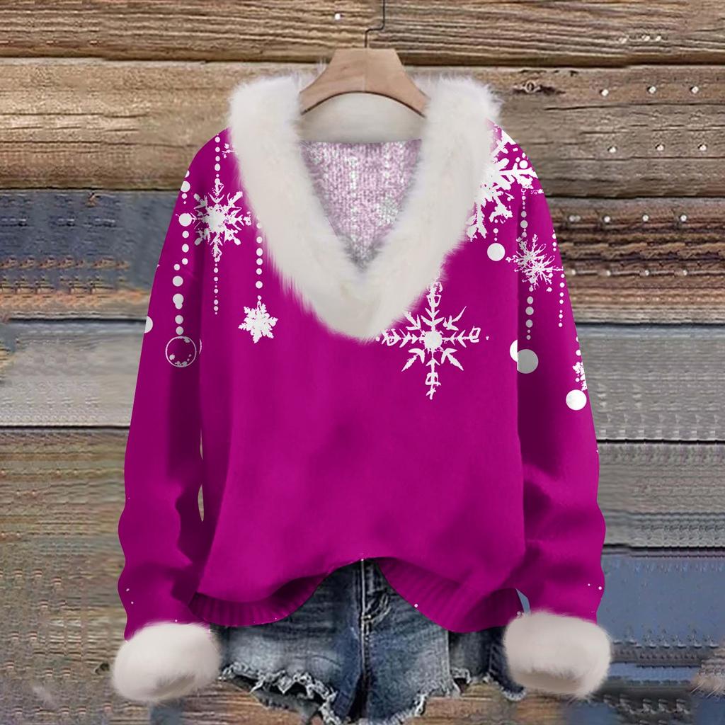 Women's Sweatshirt Long Sleeve Christmas Print Plush Collar V-Neck Pullover Top