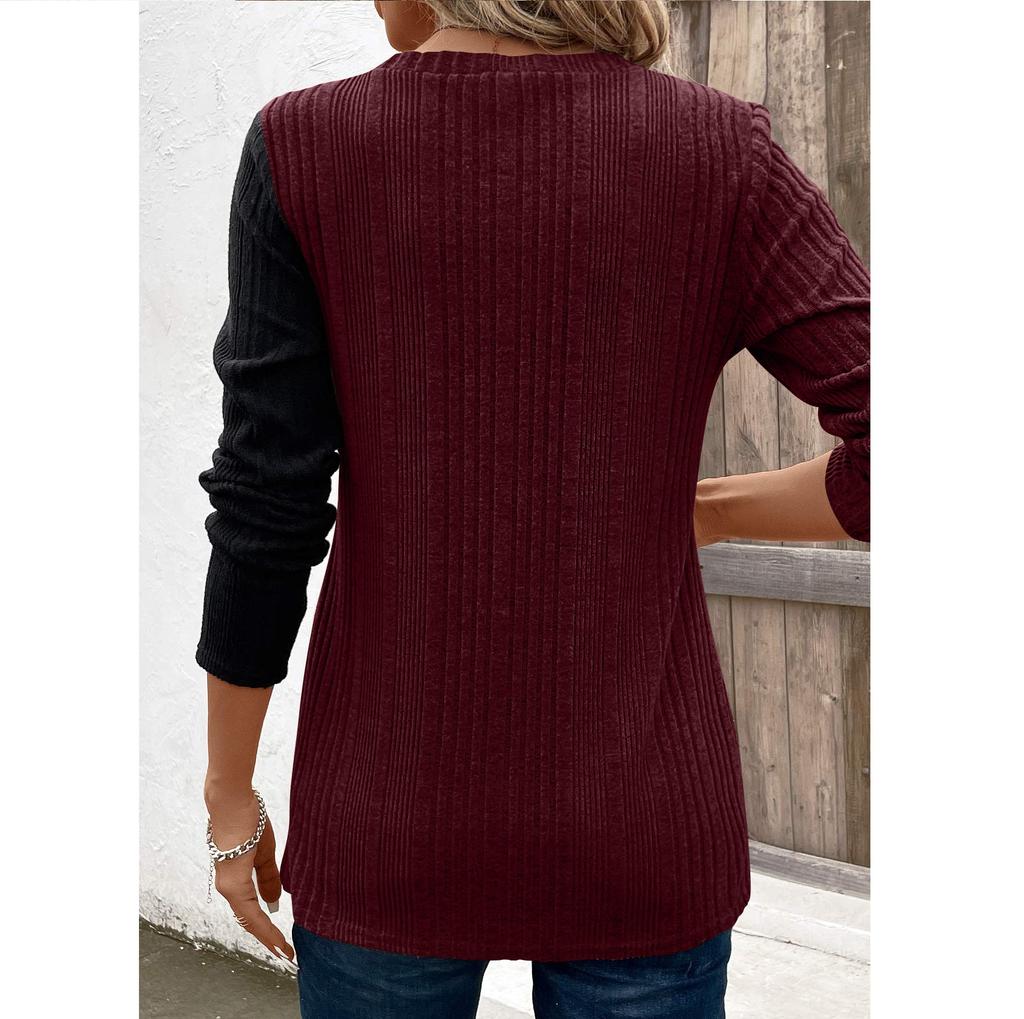 Women's Color Blocking Button Slit Casual Long Top