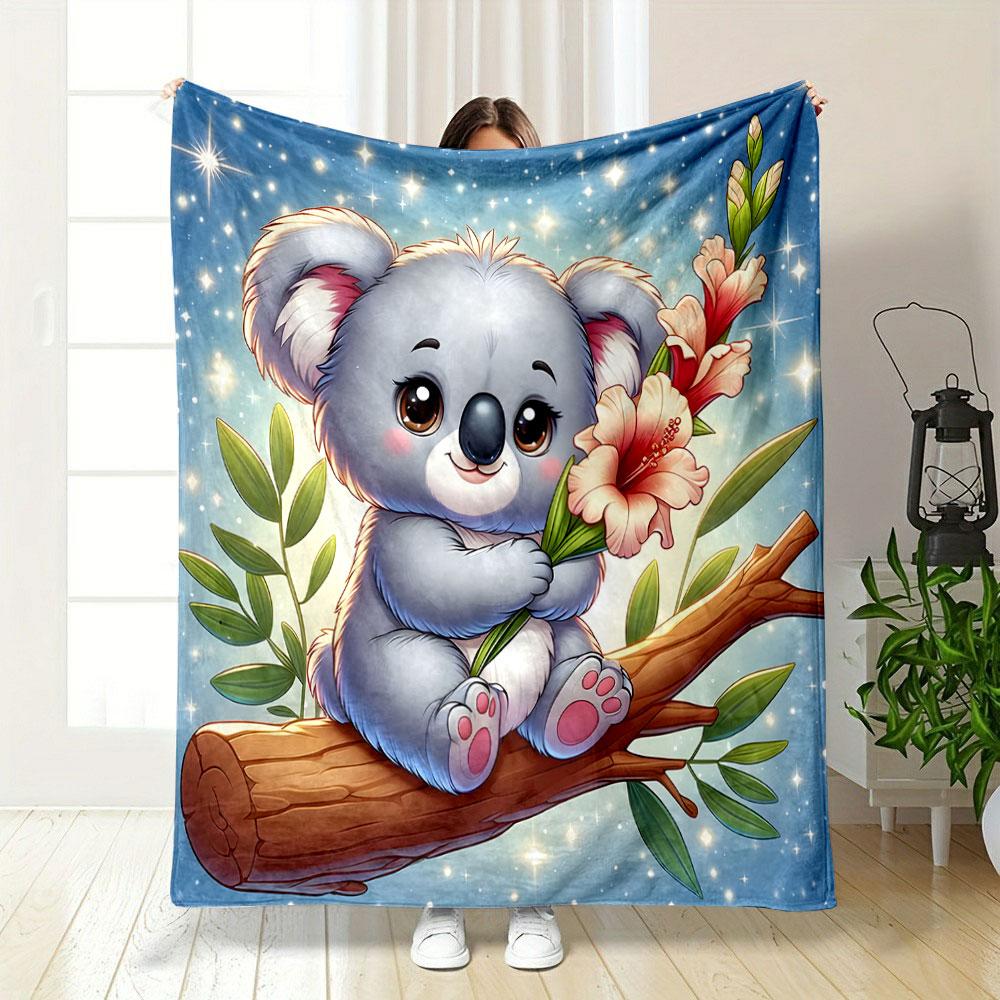 Cute Koala with Flowers on Starry Night print blanket soft and cozy perfect for the living room bed sofa or a nap,gift
