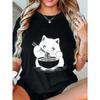 Übergroßes T-Shirt Schwarze Katze isst Nudeln Print Lässige Streetwear Für Frauen Und Mädchen Sommer-Outfit Mode Trendiges Grafik-Tee