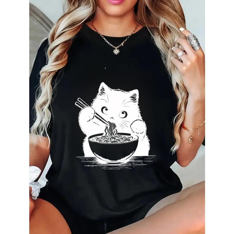 Oversized T Shirt Black Cat Eating Noodles Print Casual Streetwear For Women And Girls Summer Outfit Fashion Trendy Graphic Tee