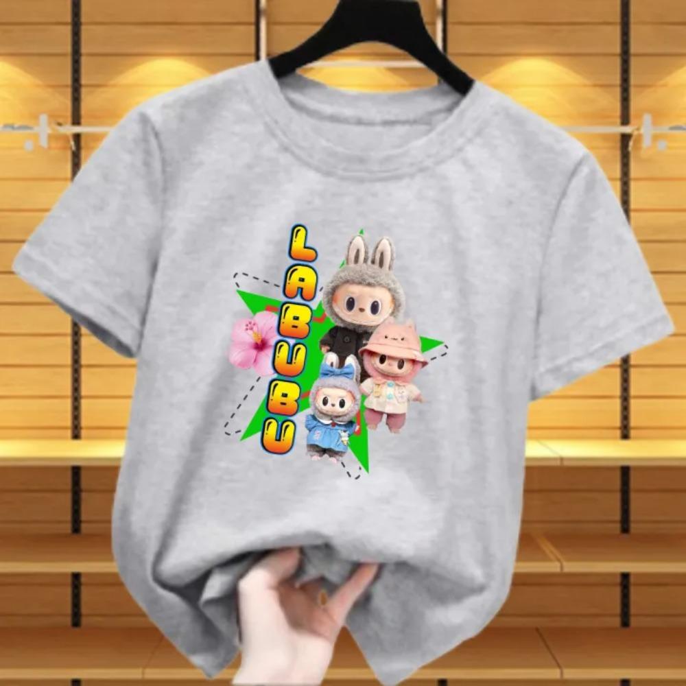 New Labubu Children's T-shirt Scarf LABUBU and Flower Pattern Girl Round Neck Short Sleeve Casual Versatile Clothing