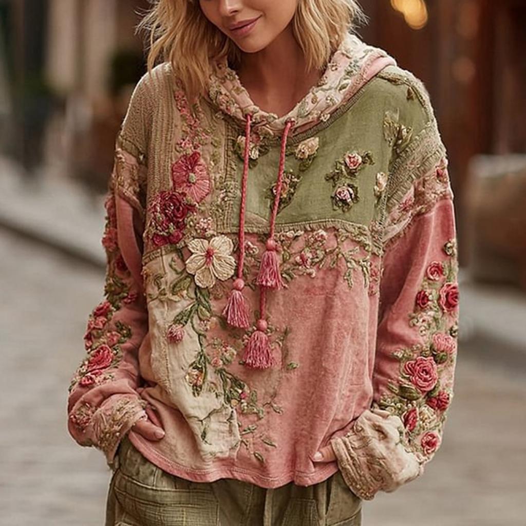Women's Fashion Long-Sleeve Hooded Vintage  Patchwork Floral Print Casual Sweatshirt Top