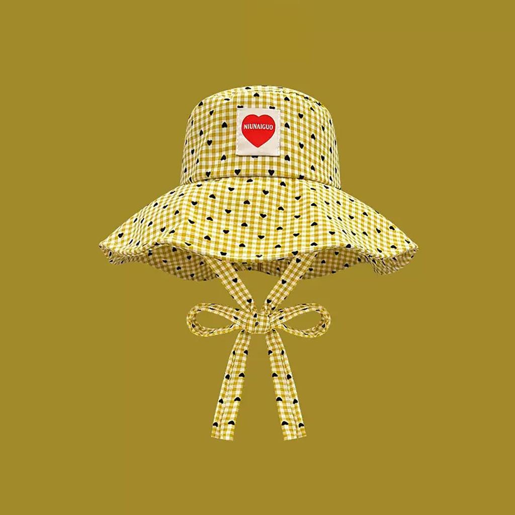 Fashion Plaid Fisherman Hat for Women Black Heart Summer Wide Brim Sunshade Dome Basin Cap Korean Ladies Travel Lacing Hat