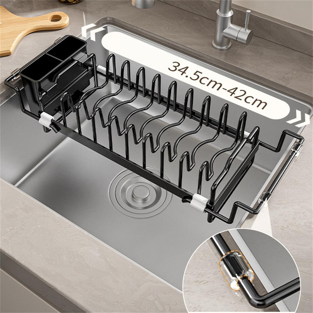 Space Efficient Expandable For Kitchen Dish Drying Rack with Pot Lid Holder and Cutlery Compartments for Sink Counter