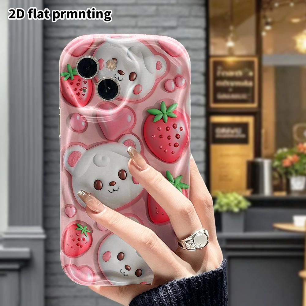 Phone Case: 2D flat, suitable for iPhone 18 17 16 15 14 13 12Pro protective case, embossed little bear strawberry, perfect Christmas and Halloween hol