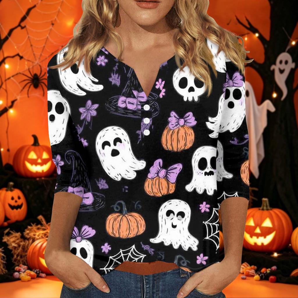 Women's Halloween Print V-Neck 3/4 Sleeve T-Shirt with Decorative Buttons Casual Top