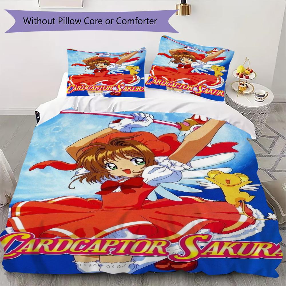Cardcaptor Sakura Pattern Bedding uilt Set uilt Cover Pillowcase Home Decoration Birthday Gift (1 * duvet cover + 2 * pillowcase without core)