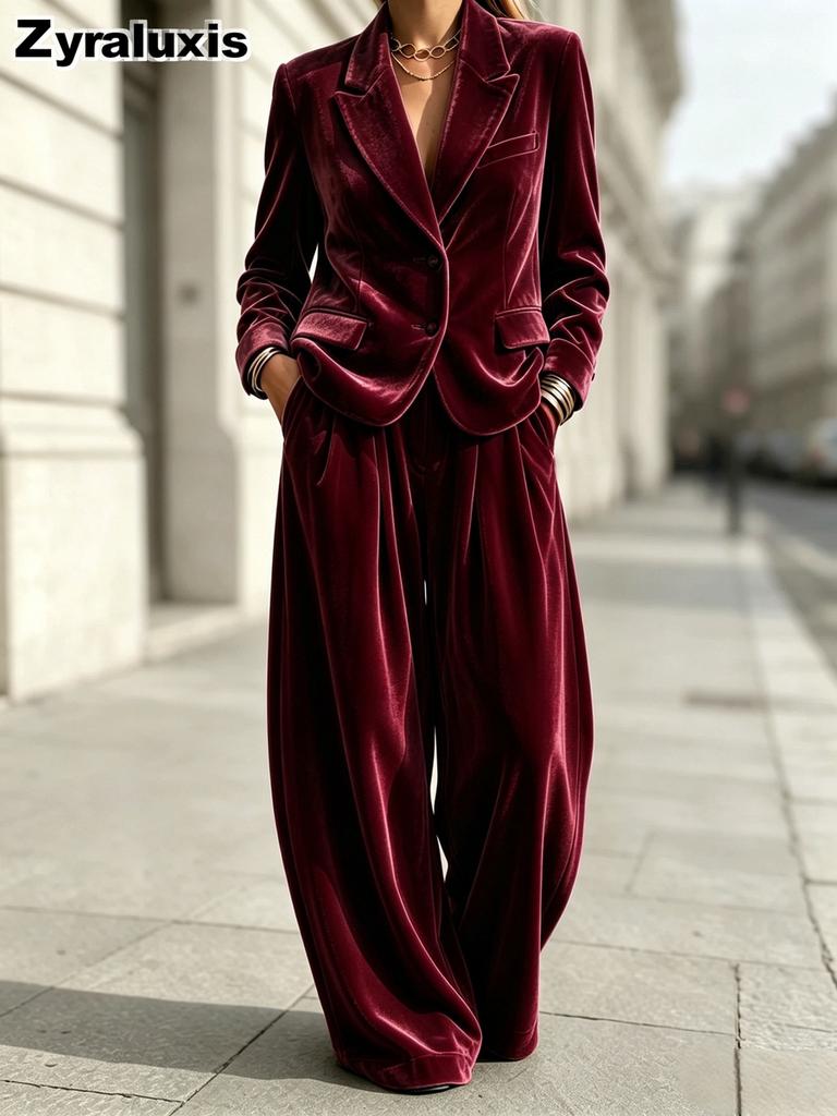 Ensemble Deux Pièces Velours pour Femme avec Pantalon Large et Blazer Boutonné pour Soirée Formelle