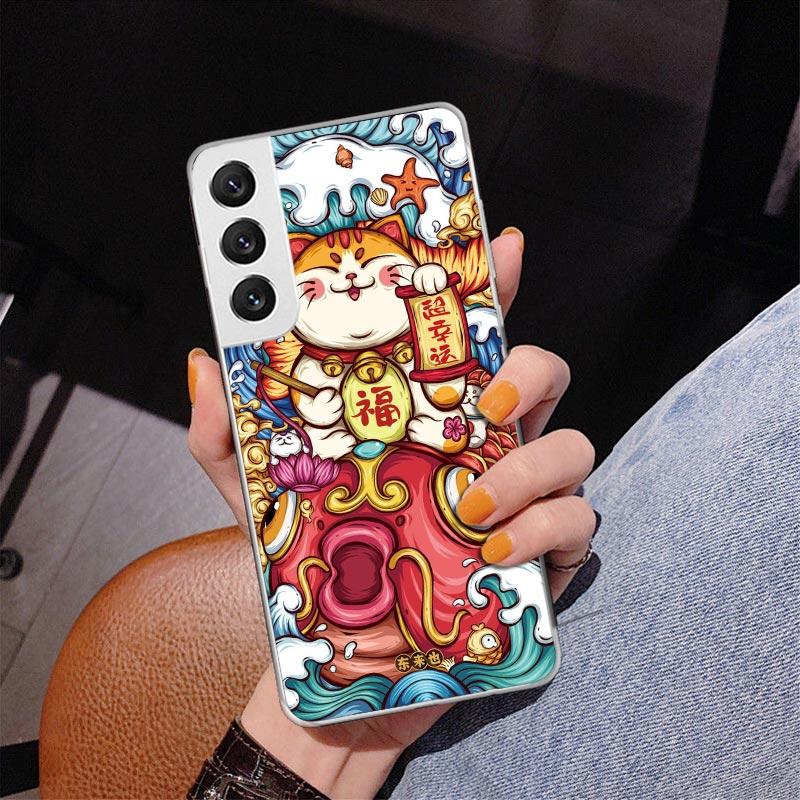 Lucky Cat Maneki Neko Japanese Phnoe Case for Samsung Galaxy S26 S25 Edge S23 S24 Ultra S22 Plus S21 S20 FE Unique Cover Soft Co