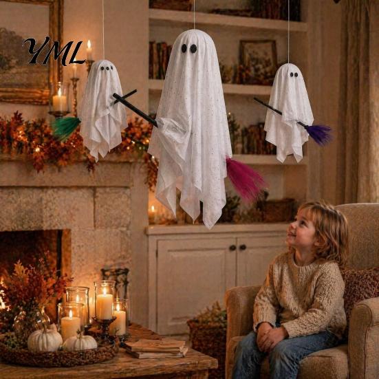 Fairy Tale Ghost Decorations Halloween Outdoor Decoration, Large Hanging on Broom, Spooky Decor for Home Flying Gauze Tree, Porch, Yard, Patio,
