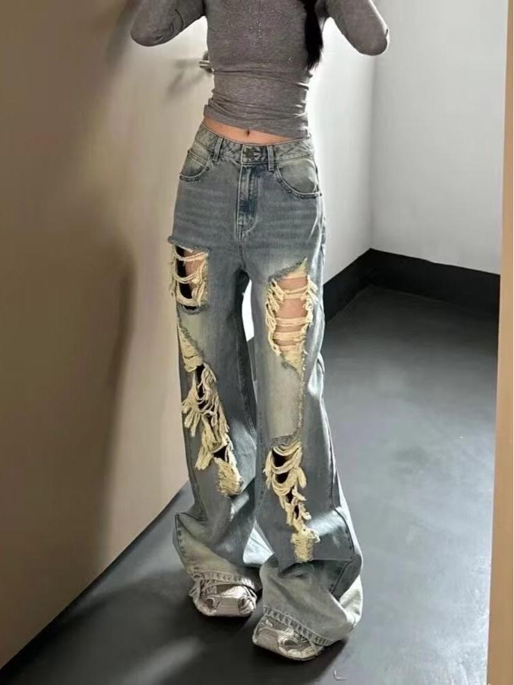 Women's Summer Retro High-Waist Ripped Jeans - Loose Straight-Leg Slimming Pants