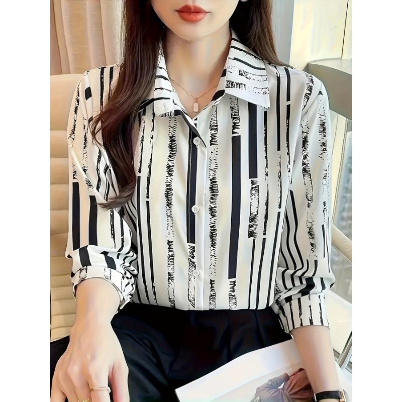 Women'S Casual Striped Shirt, Button-Up Design, Made Of, Suitable for Spring, Summer, And Autumn Casual Or Formal Wear