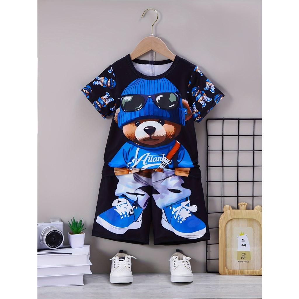 Boy'S Two-Piece Casual Outfit with Cute Bear Print And Round Neck Short Sleeve Top And Bear Print Relaxing Shorts