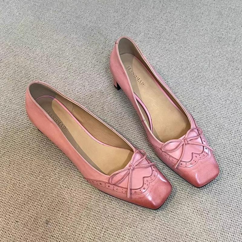 Soft Leather Version Fashion Bow Square Head Single Shoes Women's 2025 Spring New Shallow Mouth One Pedal Thick Heel Mary Jane Shoes