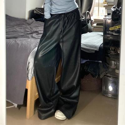 Women Black Leather Pants Loose Wide Legs Pants High Waist Girls Y2K Pants Casual Street Wear