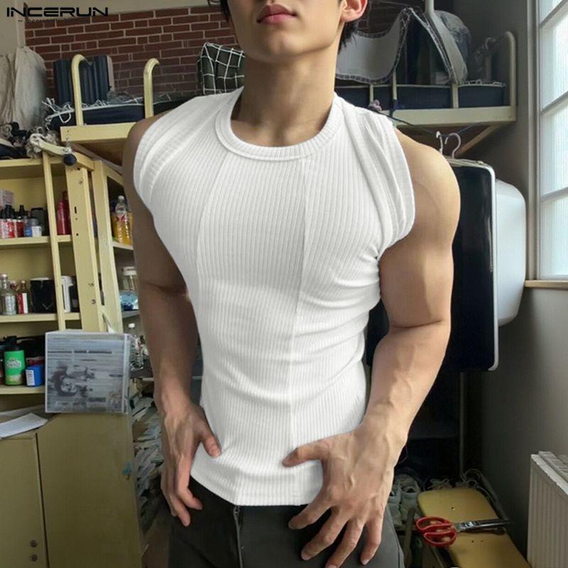 INCERUN Men Sleeveless Solid Color Fitted Ribbed Casual Tank Tops Vest