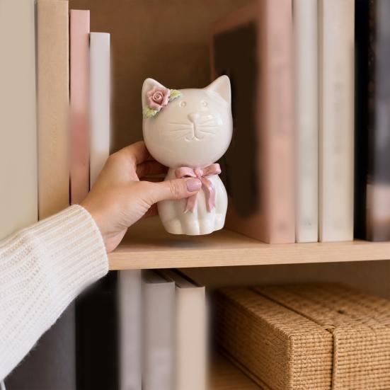 1/2Pcs Ceramic Bow Cat Figurine, Sitting Kitten Statue with Flower Decor, Mini Animal Desktop Ornament for Home Office