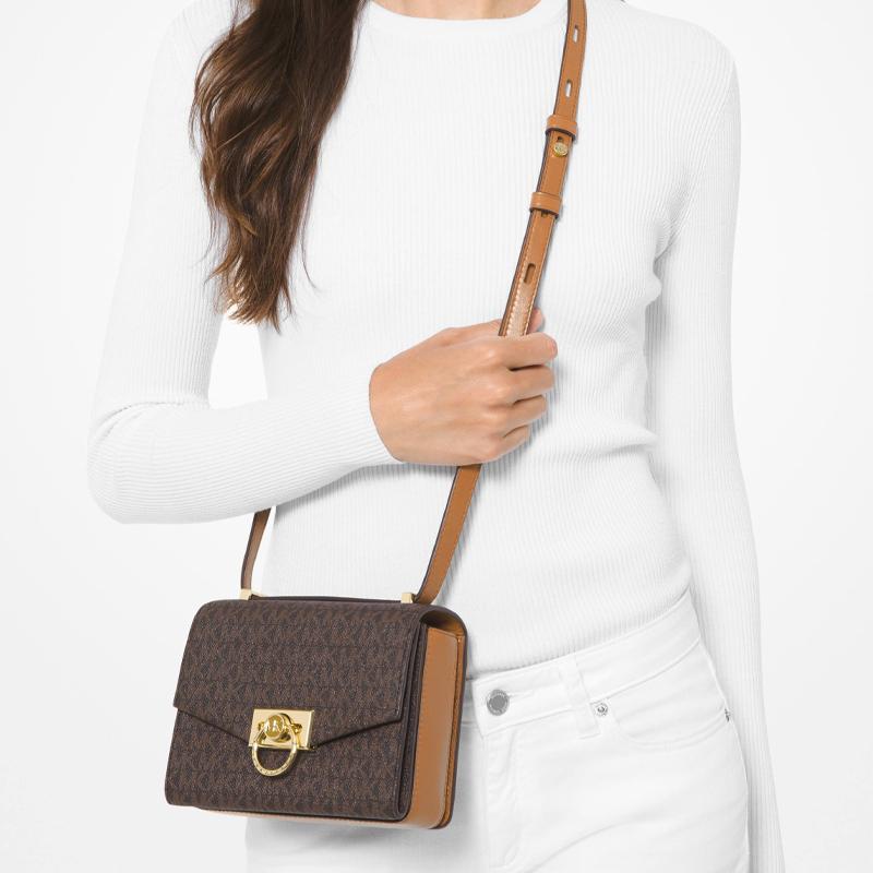 Michael Kors MK Hendrix Monogram Gold Buckle Flap Crossbody Bag Mini Women Bags Dark-Brown 32F0G1HC0B-252